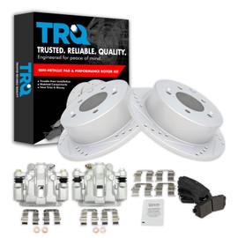 TRQ Rear Performance Brake Pad & Rotor Kit Brake Caliper Brake Pads Brake Rotors Set Semi-Metallic Solid Premium G-Coated Compatible with 2010-2013 Kia Forte Forte Koup