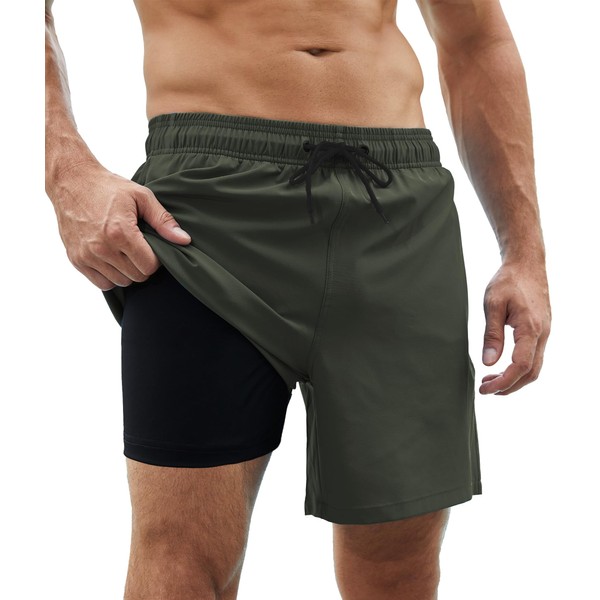 BUAVBO Mens Swim Trunks with Compression Liner Quick Dry Swim