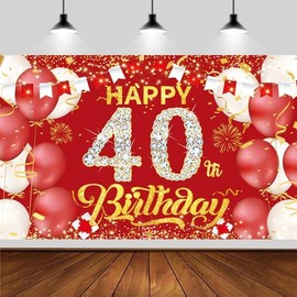 6x3.6ft Happy 40th Birthday Backdrop Banner,Red Birthday Backdrop Sign, Happy Banner,Party Supplies Photo Background for Children Men Women.