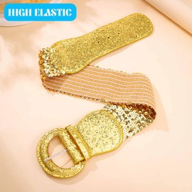 Yalice Sparkle Sequins Elastic Waist Belt Stretchy Wide Waist Belts for Dresses Lady Leather Belt for Women (Gold, Fits Waist Size：25‘’-32‘’)