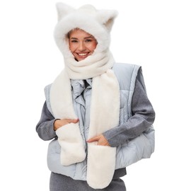LATTEMARMALATTE Cute Cat Ears Winter Hat, 3 in 1 Plush Animal Hat with Mittens & Scarf, Faux Fur Hood for Kids Adults
