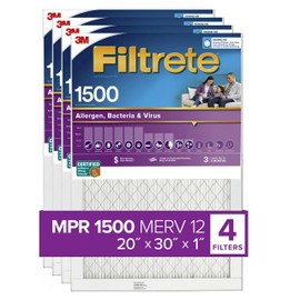 Filtrete 20x30x1 AC Furnace Air Filter, MERV 12, MPR 1500, CERTIFIED asthma & allergy friendly, 3 Month Pleated 1-Inch Electrostatic Air Cleaning Filter, 4-Pack (Actual Size 19.84 x 29.84 x 0.78 in)