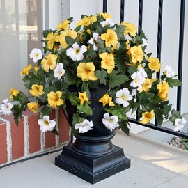 HyeFlora Artificial Flowers for Outdoors 2PCS Spring Faux Morning Glory Look Real Silk Flowers for Outside Planter UV Resistant Fake Flowers for Home Garden Balcony Yard Porch Deco (Yellow)