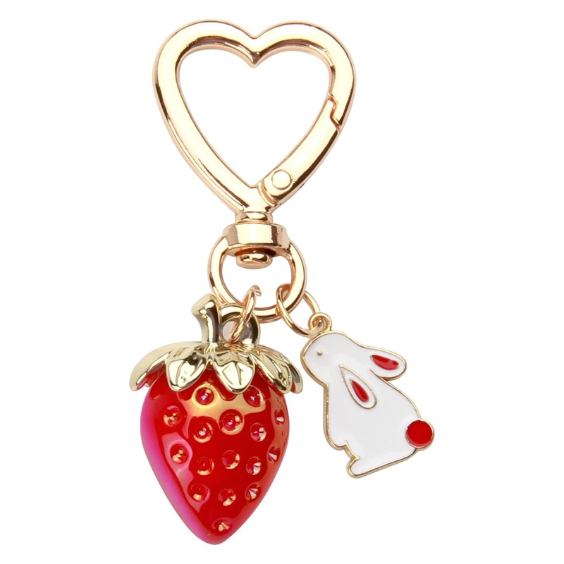 HotoPink Cute Strawberry Keychain, Cute Metal Rabbit Strawberry Keyrings, Kawaii