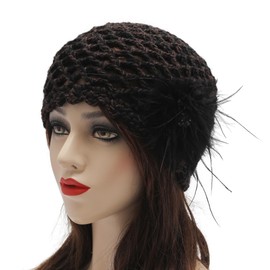 ZLYC Women Crochet Beanie Hat Summer Handmade Knit Decorated Lightweight Skull Cap, Feather Black Mixed Brown Black