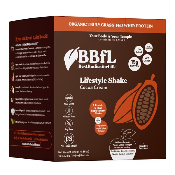 BBfL Meal Replacement Shakes, 15g Protein, Organic Grass Fed Whey Protein Powder, Apple Cider Vinegar, Digestive Enzymes, All in One Shake for Women & Men (10 Servings, Cocoa Cream)