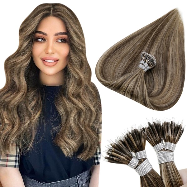 Hetto Braun Nano Ring Real Hair Extensions Remy Hair Extensions Nanoring Extensions Brown Highlights Nanoring Extensions Real Hair Dark Brown Highlights Red Blonde #4/27 50 g