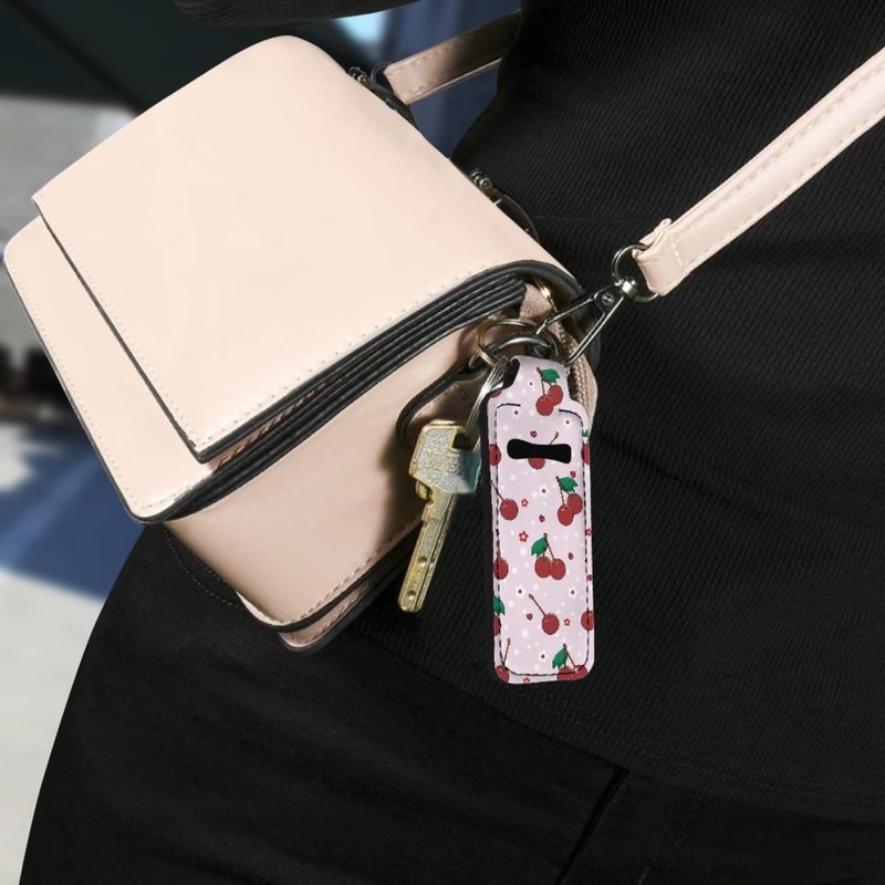 Baxinh Cherry Printed Chapstick Holder Keychain, Neoprene Chapstick Lip Balm
