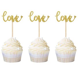 24PCS Gold Glitter Love Cupcake Toppers Valentine's Day Wedding Party Decoration