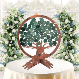 PAMBO Wedding Guest Book Alternative with 55 Green Leaves,Rustic Wooden Family Signing Tree Guest Book - 12" Handcrafted Wedding Decoration & Keepsake