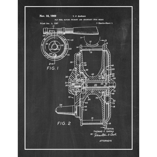 Fly Fishing Reel Patent Print Chalkboard with Border (24" x