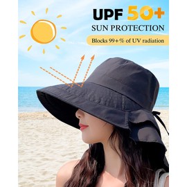 SPOTFISH Sun Hat for Women Bucket Hat with Neck Flap Hiking Hat Fishing Hat, Black, One Size