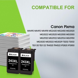 PG-243XL Black Ink Cartridges Combo Pack Replacement for Canon PG-243 243XL 243 2 Pack for Pixma MX490 MX492 TR4520 TS3322 TR4522 TS3122 MG2922 MG2520 MG2522 Printers （2 Black）