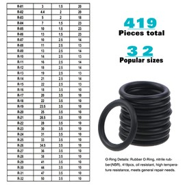 Gueenky 419-Piece O Ring Set Diameter 3-50 mm, 32 Sizes Sealing Rings O Rings Seals, Nitrile Rubber O-Ring Set Seal Assortment Sealing Ring
