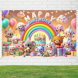 BlissYard Happy Birthday Banner Adorable Rainbow Animal Birthday Party Backdrop Cute Cartoon Koalas Sheep Balloons Photography Background for Boys Girls Birthday Baby Shower Birthday Party