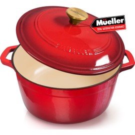 MÜELLERHOME 4.5 QT Enameled Cast Iron Dutch Oven, Heavy-Duty Casserole Dish and Braiser Pan with Lid and Stainless Knob, Oven-Safe up to 500° F & Across All Cooktops, Red