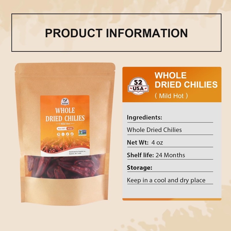 52USA Dried Chilli Peppers, Whole Dried Chilies 4 Oz, Mild