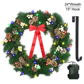 Christmas Wreath with LED Lights - 24" Prelit Xmas Door Wreath - Artificial Pine Cone Garland - Battery Operated String Light - Including Wreath Hanger, Snowflake, Pine Cone, Ornaments Decorations