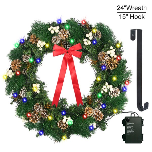 Christmas Wreath with LED Lights - 24" Prelit Xmas Door