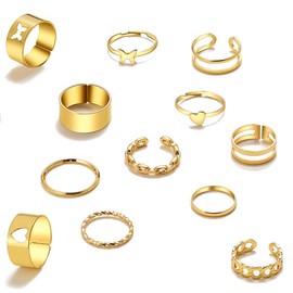SJBAUTYO 12 Pieces Rings Women Gold Adjustable Rings Set Gold-Plated Thumb Ring Finger Ring Simple Band Ring Stackable Open Rings Women's Gold Ring for Women Girls