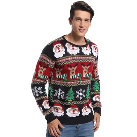 Men's Christmas Festive Cardigan Reindeer Snowman Santa Snowflakes Knitted Ugly Sweater (Large, Striped Santa)