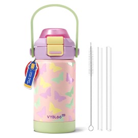 Termo para Niños, Botella de Aguas con 2 Pajitas, Sorbos y Chug, A Prueba de Fugas para Escuela, Deportes o Excursiones, Libre de BPA (12 oz / 360 ml, Mariposa Jardín)