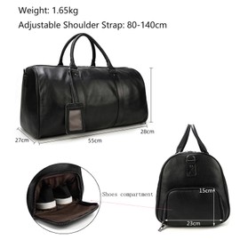 LUUFAN Leather Travel Bag Large Capacity Luggage Duffel Bag with Shoe Compartment, Men Women Weekend Shoulder Bag for Holiday Business Trip, Black