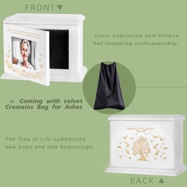 Cremation Urns for Human Ashes Adult Male or Female, Urn for ashes for women, Wooden Picture Frame Urns Box and Casket for Ashes, Funeral Memorial Urns Box, Men Women Child, Holds 255 lbs (White)
