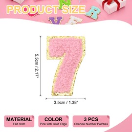 PATIKIL 3 Pcs Chenille Number Patches, 2.17 Inch Self-Adhesive Number 7 Patch Appliques Stickers for DIY Clothing Jacket Jersey Hat Decor, Pink with Gold Edge