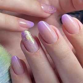 IMSOHOT Press on Nails Medium Almond Fake Nails Purple Gradient False Nails with Glitter Design Glossy Glue on Nails Full Cover Acrylic Nail Art for Women Girls 24Pcs