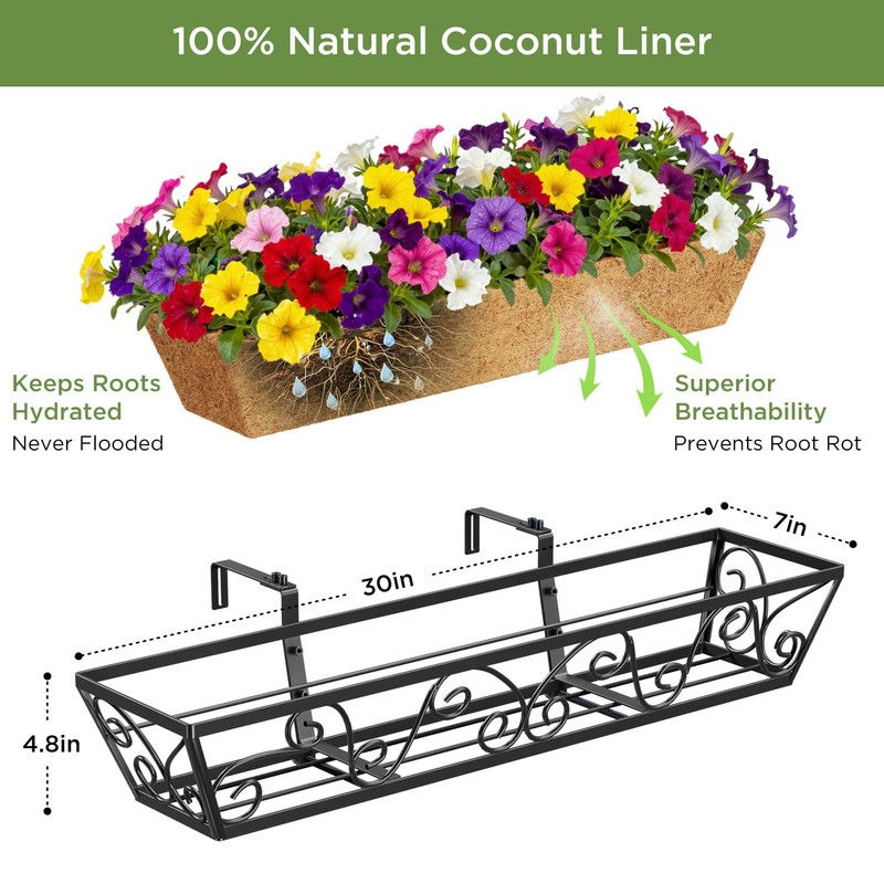 Y&M 30x7 Inch Black Outdoor Rectangular Window Box Planter -