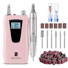 MelodySusie Professional Nail Drill 30000RPM, SC320D Rechargeable Electric Nail Drill Machine, Cordless Nail E File for Acrylic Gel Nails, 8pcs Nail Bits 50pcs Sanding Bands, Selene Pink