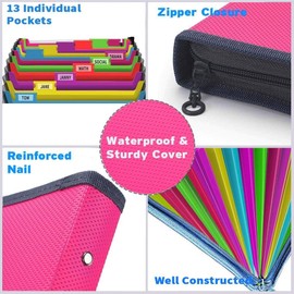 Vanulee Expanding File Folder, Accordion Document Box File Organiser with 13 Multicolour Pockets and Labels,A4 Paperwork Filing Folders, Pink