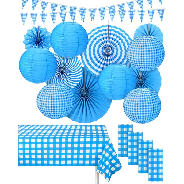 Hortsun 18 Pcs Blue Gingham Party Supplies Include Checkered Pennant