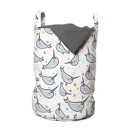 Ambesonne Narwhal Laundry Bag, Unicorn of The Oceans Pattern in Cartoon Style Composition Colorful Design, Hamper Basket with Handles Drawstring Closure for Laundromats, 13" x 19", Grey Gold