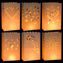 36 Stück Lichttüten, Weiß Lichtertüten,Herz, Sterne, Mond, Sonne, Doppelte Liebe, Feuerwerk, Schmetterling, Kerzentüten Papierlaternen für Birthday, Hochzeit, Weihnachtsfeier (26 x 15 x9cm)