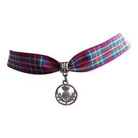 dunns-jewels Royal Stewart Tartan 16mm Wide Choker with Silver-Plated Thistle Charm