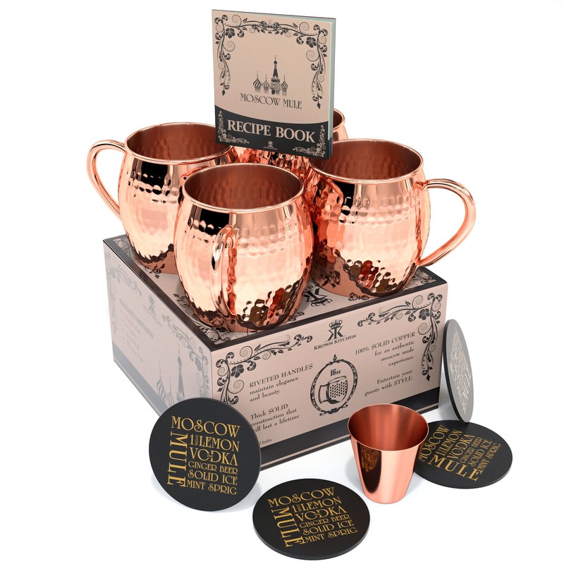 Krown Kitchen Hammered Moscow Mule Copper Mugs Set of 4
