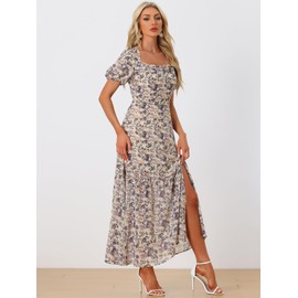 Allegra K Women's Floral Dress Puff Sleeve Square Neck Split Boho Maxi Dresses X-Small Beige Purple