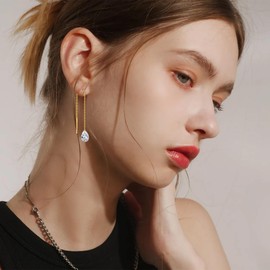 14K Solid Gold Threader Earrings for Women,Real Gold April Birthstone Chain Drop Dangle Pull Through Earrings Jewelry Gifts for Mom Wife Christmas Birthday Mother's Day