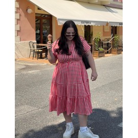 CARCOS Plus Size Dresses for Curvy Women Red White Plaid Short Sleeve Gingham Dress 4th of July Vneck Midi Ruffle Dress with Pocket Button Up Checkered Beach Summer Dresses Wedding Guest 2XL 18W 20W