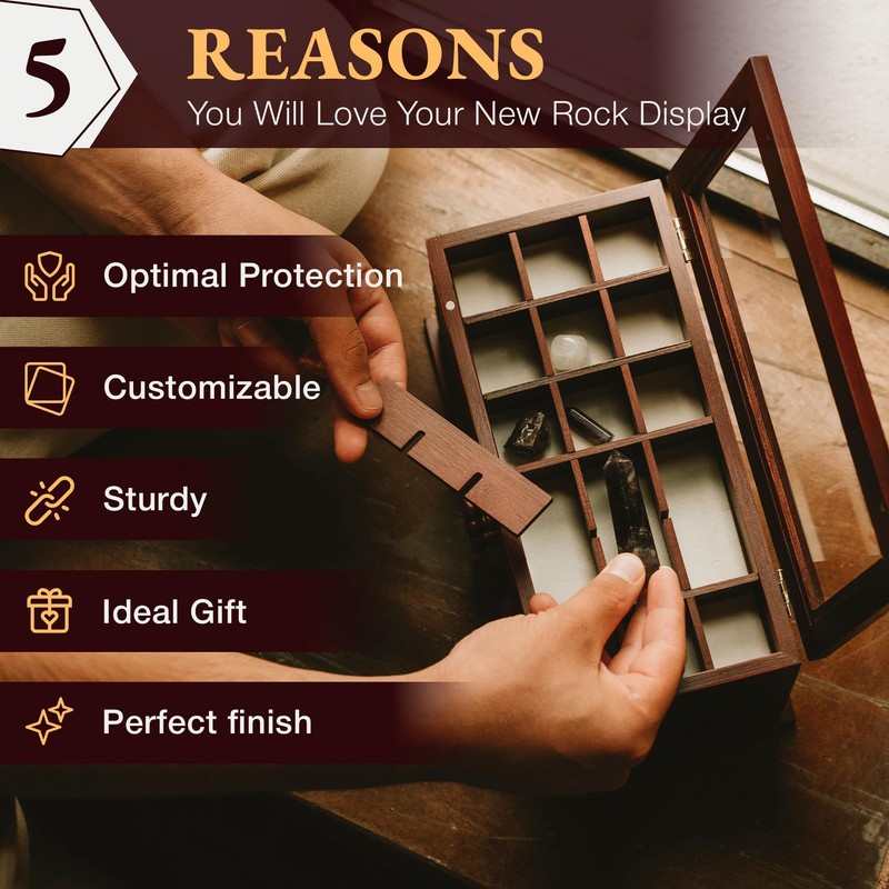 Adjustable Rock Display Case - Rock Collection Box with Fabric