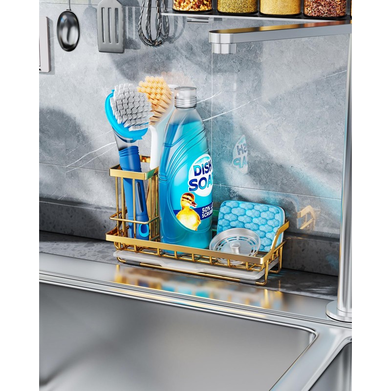Consumest Sink Caddy, Kitchen Sponge Holder with Dish Brush Holder,