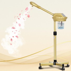 Facial Steamer Professional with More Steam for Deep Cleansing and Hydration, Estheticians Steamer on Wheels with Time Setting, Face Steamer Adjustable Height for Beauty, Spa and Home Use（Golden）