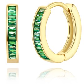 GLOQUAT 14K Gold Green Huggie Earrings for Women Small Hoop Earrings for Women Cubic Zirconia Huggie Earrings Green Baguette Earrings Mini Gold Hoops Hypoallergenic Earrings Best Jewelry Gifts 10mm