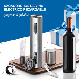Sacacorchos Eléctrico de Vinos,6 En 1 Automá Tico de Abridor de Vino,Juego de Abridor de Eléctrico para Vino Cava con Recargable para Regalo,Citas, Fiesta y Amante del Vino. (Plata-inoxidable)