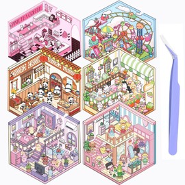 lomdung 6 Sets 3D House Stickers, Miniature House Stickers 3D with Tweezers, DIY Cozy Little Home House Scene Sticker Book, Fun DIY Stickers Scene, Relief Stress for Adults and Children