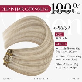 Vivien 120 g Blonde Hair Extensions, Real Hair Clip, 35 cm, Straight Hair Extensions, Real Hair Clip-in Remy Human Hair, #16/22 Ash Blonde, Highlights, Bleached Blonde, 7 Pieces