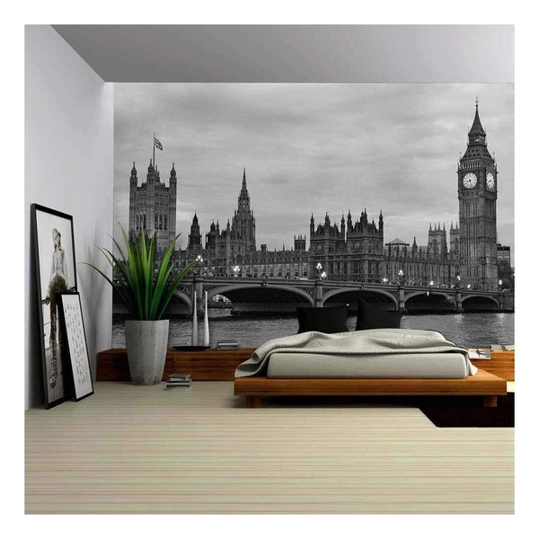 wall26 - Westminster Bridge with Big Ben in London, Black and White Version. - Removable Wall Mural | Self-Adhesive Large Wallpaper - 66x96 inches