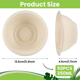 Hejo 50 PCS Strong Paper Bowls, 350ml Bagasse Bowl for Party, Dessertbowl for Hot Food, Microwavable Soup Bowls for Party, Wedding, Picnic